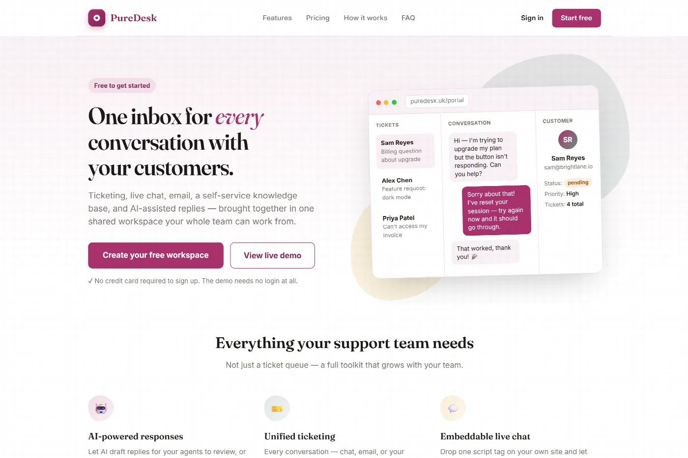 The PureDesk home page: one inbox for every conversation with your customers, with a view of its tickets and chat screen