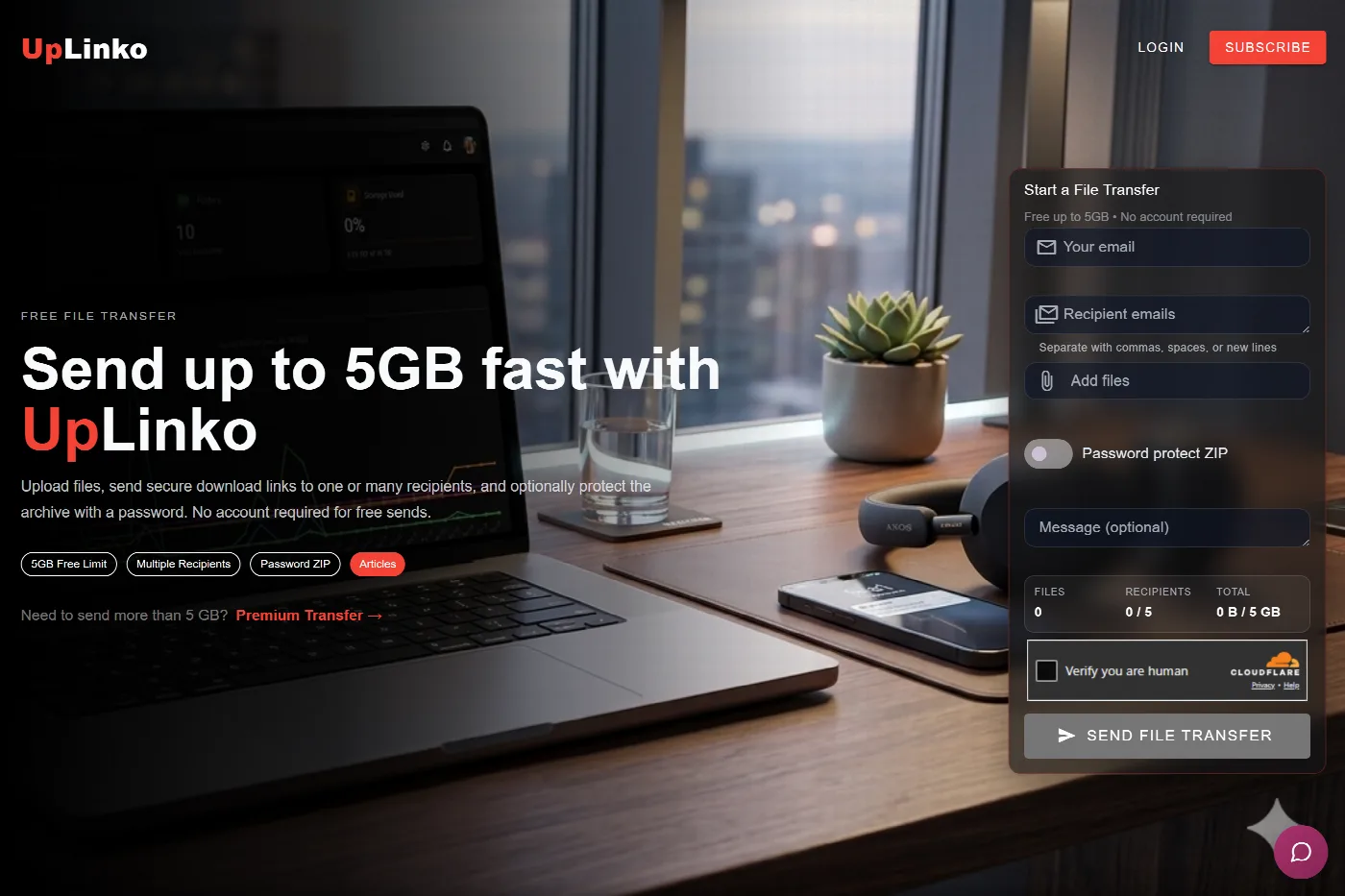 The UpLinko home page: send up to 5 GB, with a transfer form beside a photo of a laptop on a desk